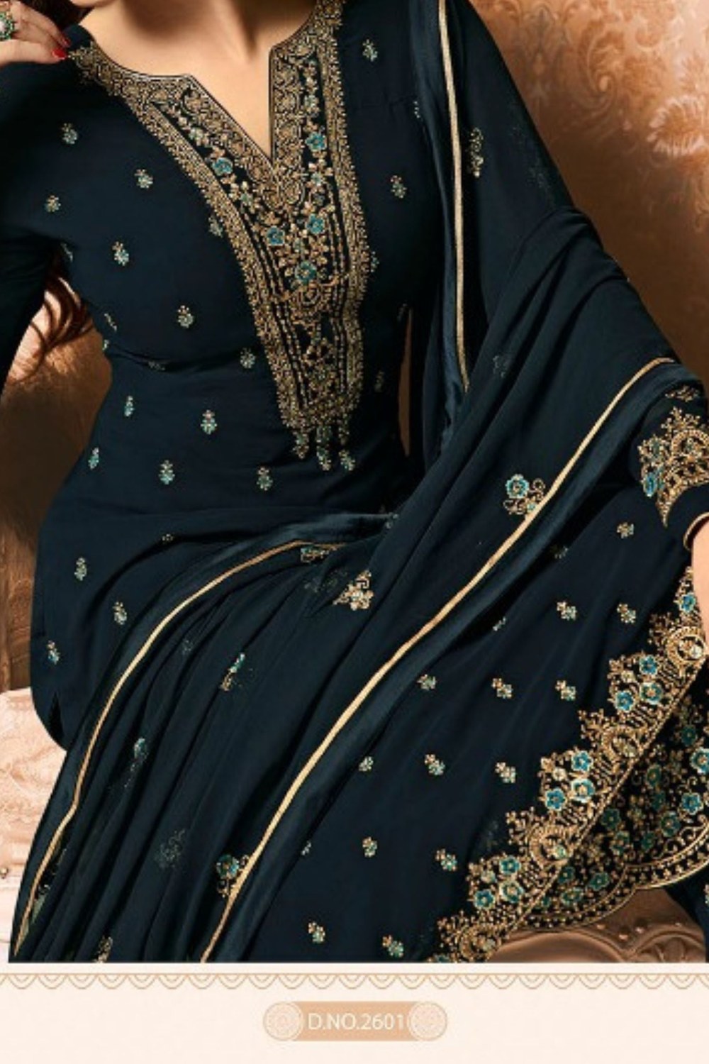 Teal Pakistani Georgette Salwar Kameez For Wedding Festival Embroidery Work - hem and footwear detail