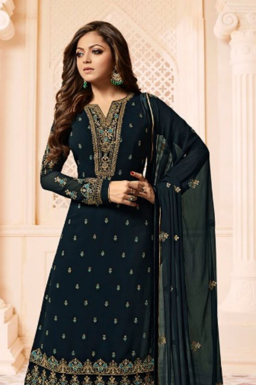 Teal Pakistani Georgette Salwar Kameez For Wedding Festival Embroidery Work - close-up view