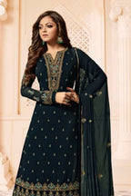 Teal Pakistani Georgette Salwar Kameez For Wedding Festival Embroidery Work - close-up view