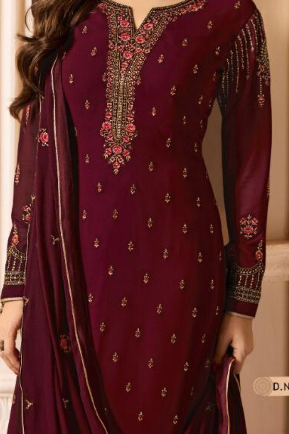 Wine Pakistani Georgette Salwar Kameez For Wedding Festival Embroidery Work - hem and footwear detail