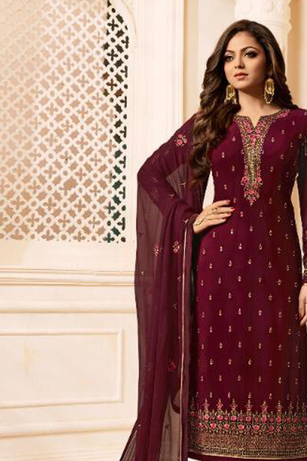 Wine Pakistani Georgette Salwar Kameez For Wedding Festival Embroidery Work - close-up view