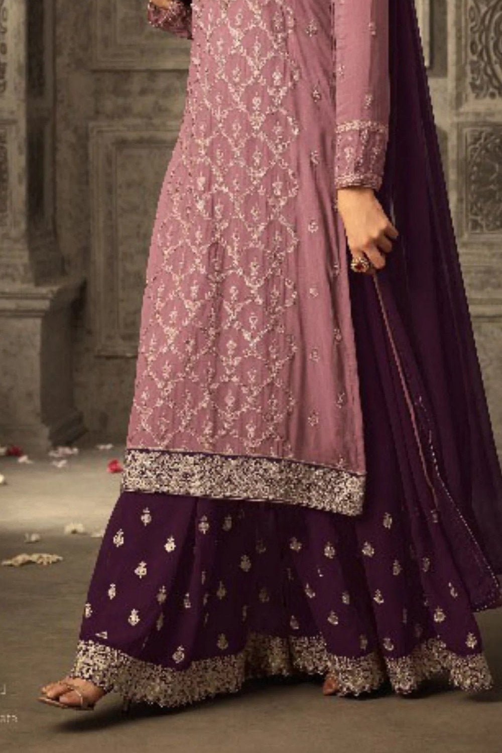 Coffee Pakistani Georgette Plazo For Wedding Festival Embroidery Work - hem and footwear detail