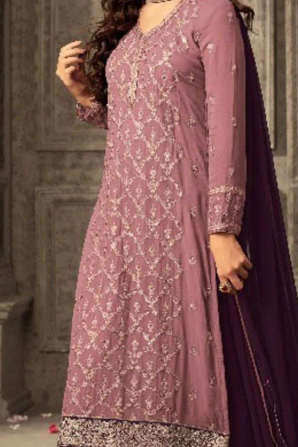 Coffee Pakistani Georgette Plazo For Wedding Festival Embroidery Work - detail view