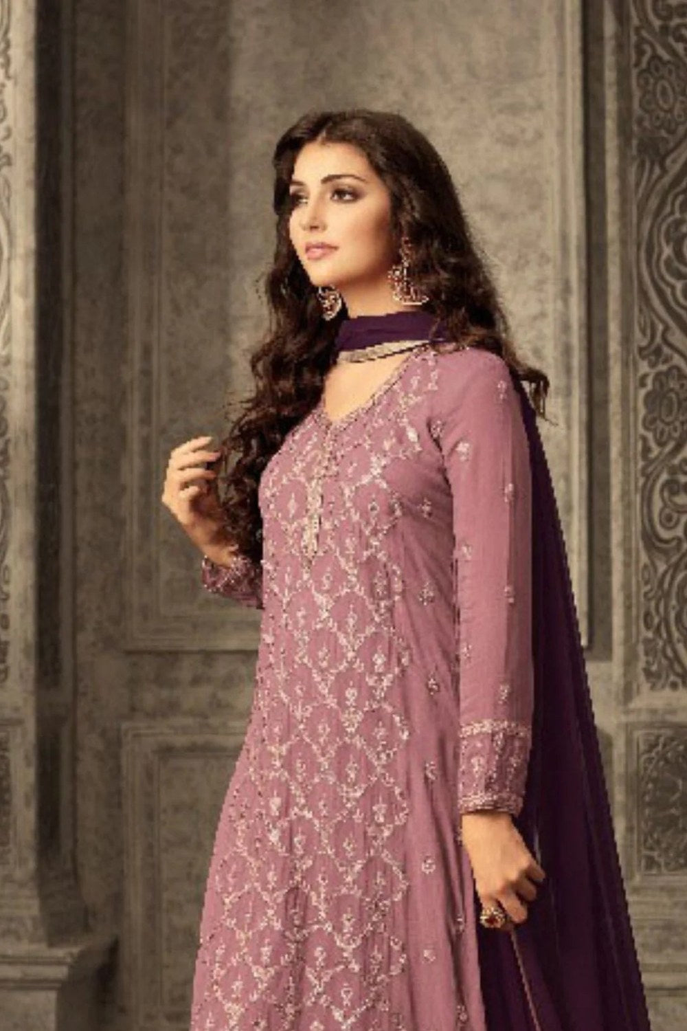 Coffee Pakistani Georgette Plazo For Wedding Festival Embroidery Work - close-up view