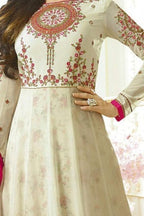 White Pakistani Georgette Anarkali Gown For Wedding Festival Embroidery Work - hem and footwear detail