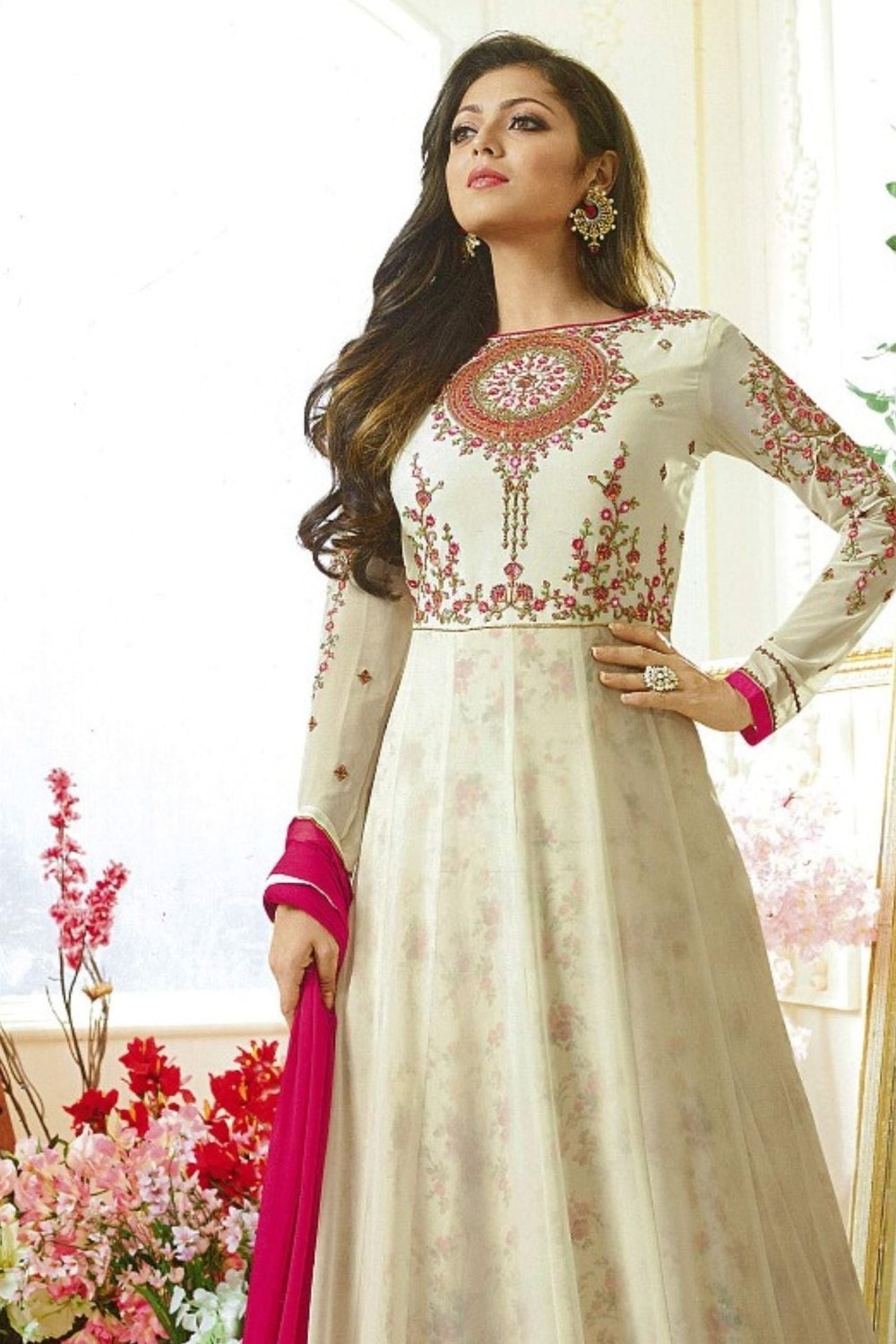 White Pakistani Georgette Anarkali Gown For Wedding Festival Embroidery Work - close-up view