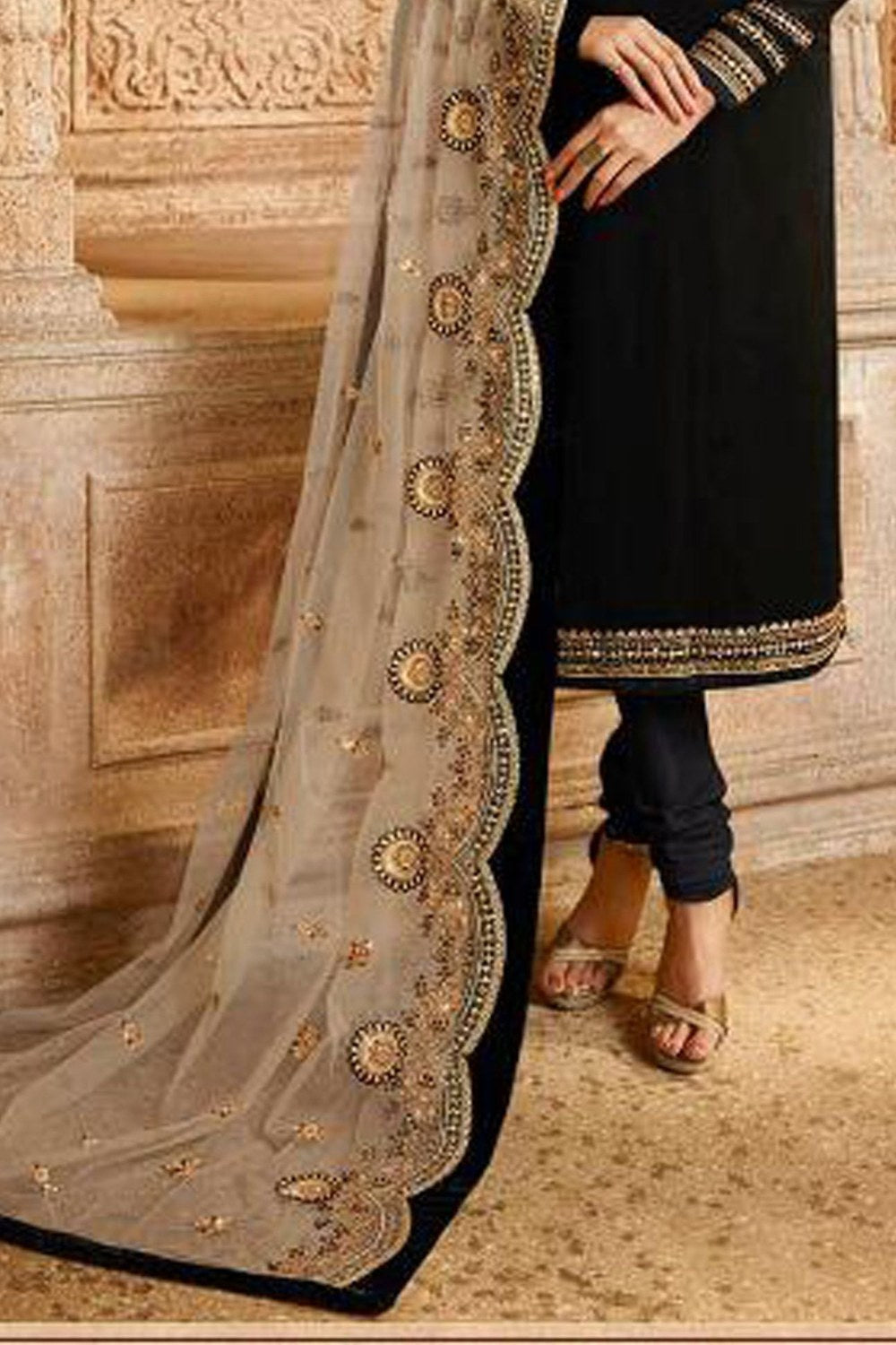 Black Satin Georgette Shalwar Kameez For Wedding - hem and footwear detail