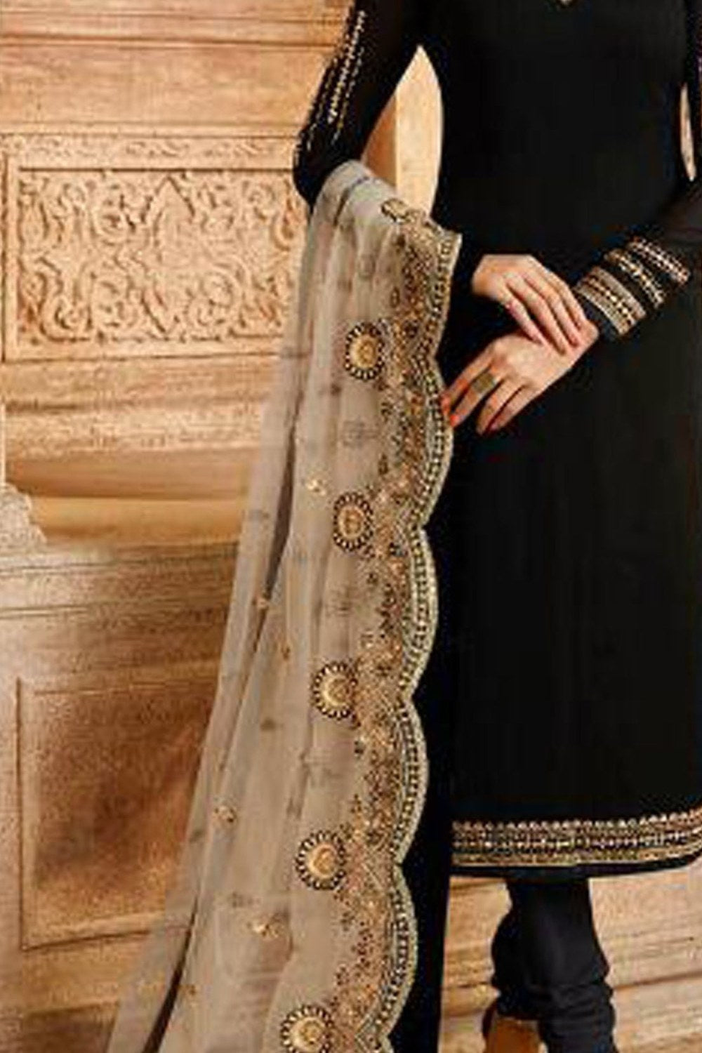 Black Satin Georgette Shalwar Kameez For Wedding - detail view