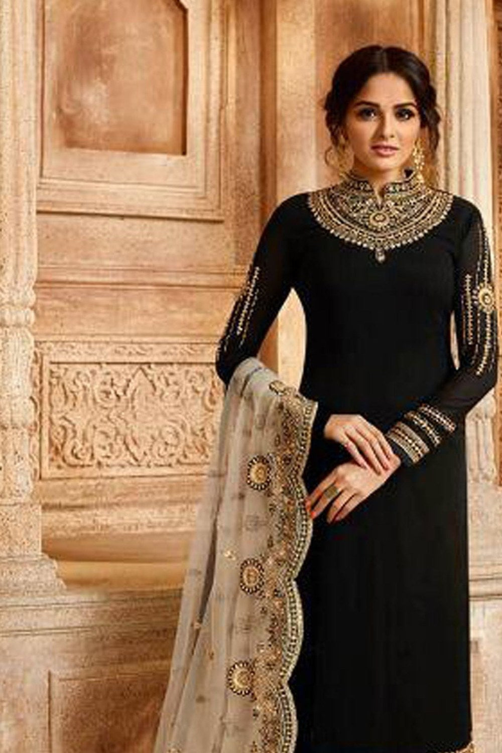 Black Satin Georgette Shalwar Kameez For Wedding - close-up view