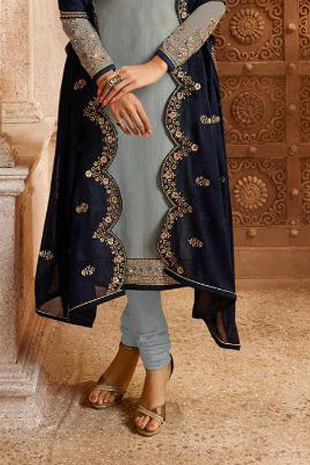 Light Gray Satin Georgette Kameez With Chuddidar F - hem and footwear detail