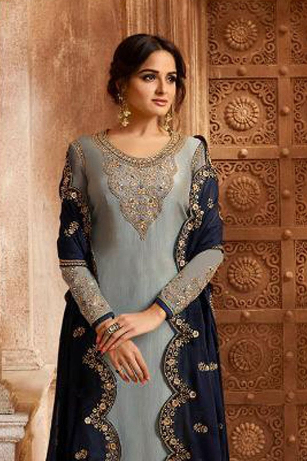 Light Gray Satin Georgette Kameez With Chuddidar F - close-up view