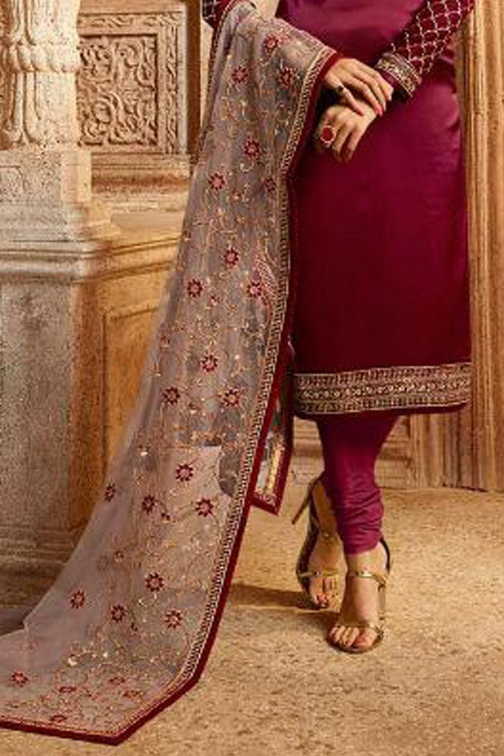 Maroon Pakistani Satin Georgette Salwar Kameez For Wedding Festival Embroidery Work - hem and footwear detail