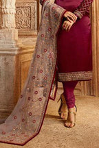 Maroon Pakistani Satin Georgette Salwar Kameez For Wedding Festival Embroidery Work - hem and footwear detail