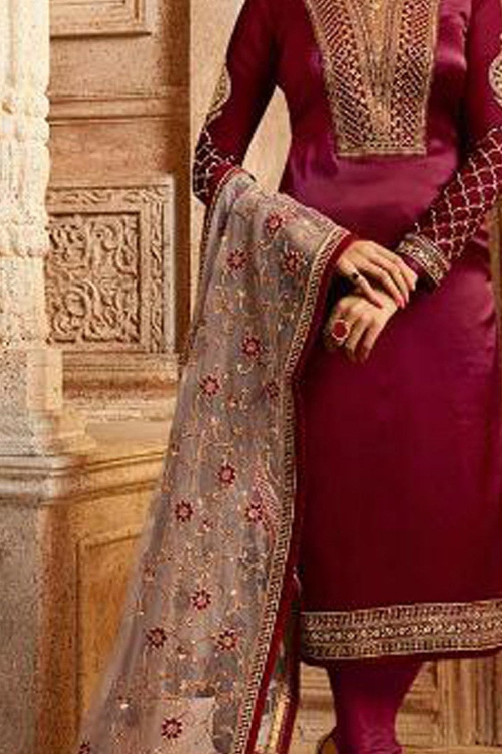 Maroon Pakistani Satin Georgette Salwar Kameez For Wedding Festival Embroidery Work - detail view