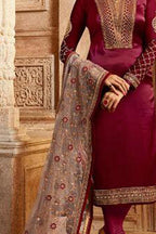Maroon Pakistani Satin Georgette Salwar Kameez For Wedding Festival Embroidery Work - detail view