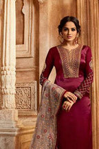 Maroon Pakistani Satin Georgette Salwar Kameez For Wedding Festival Embroidery Work - close-up view