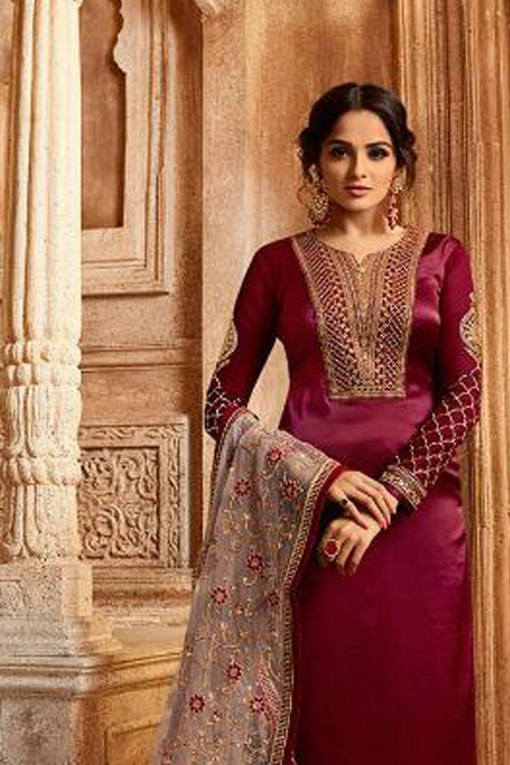 Maroon Pakistani Satin Georgette Salwar Kameez For Wedding Festival Embroidery Work - close-up view
