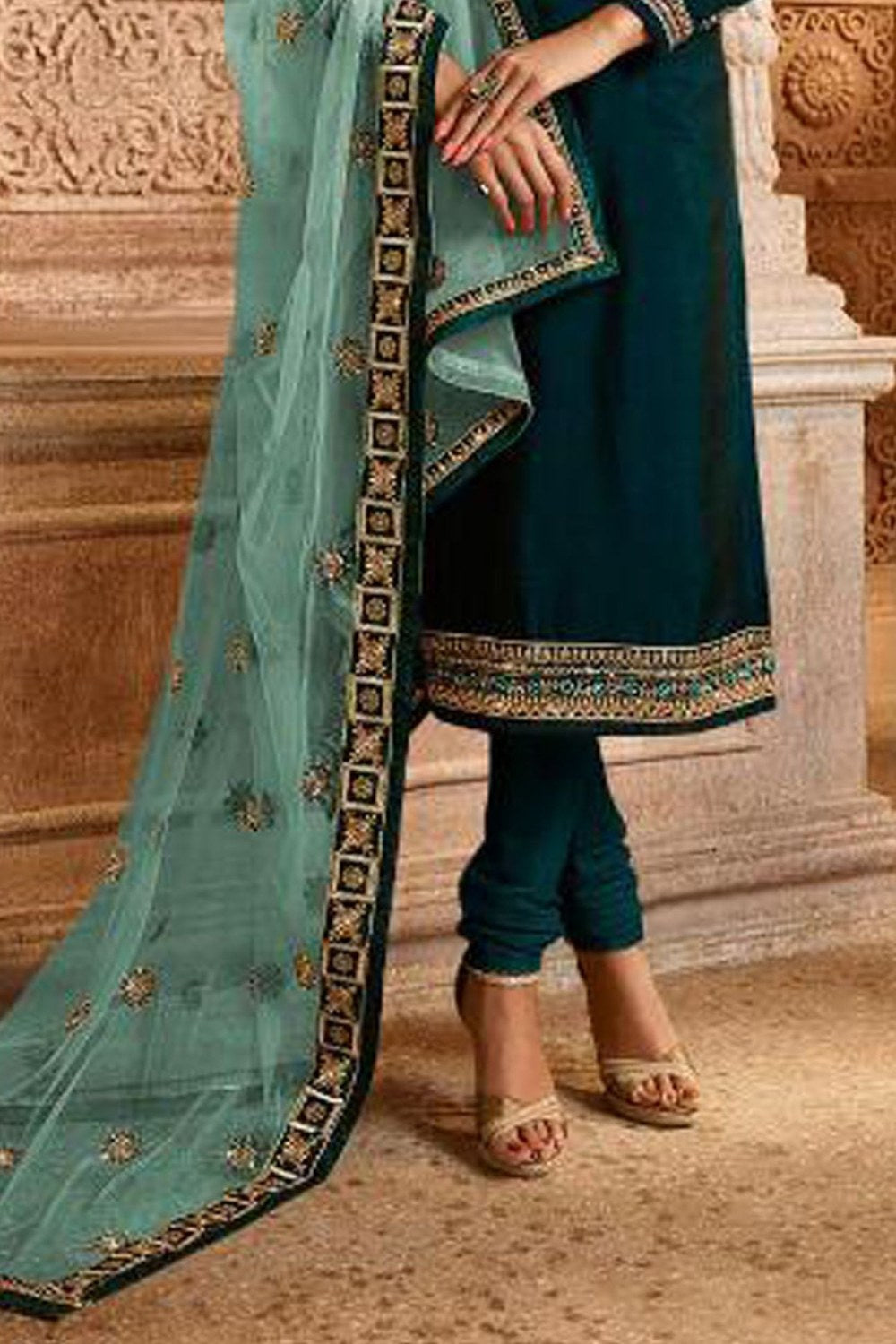 Teal Pakistani Satin Georgette Salwar Kameez For Wedding Festival Embroidery Work - hem and footwear detail
