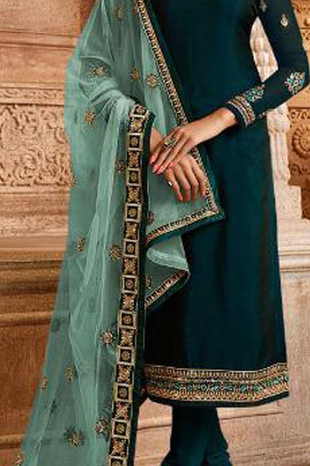 Teal Pakistani Satin Georgette Salwar Kameez For Wedding Festival Embroidery Work - detail view