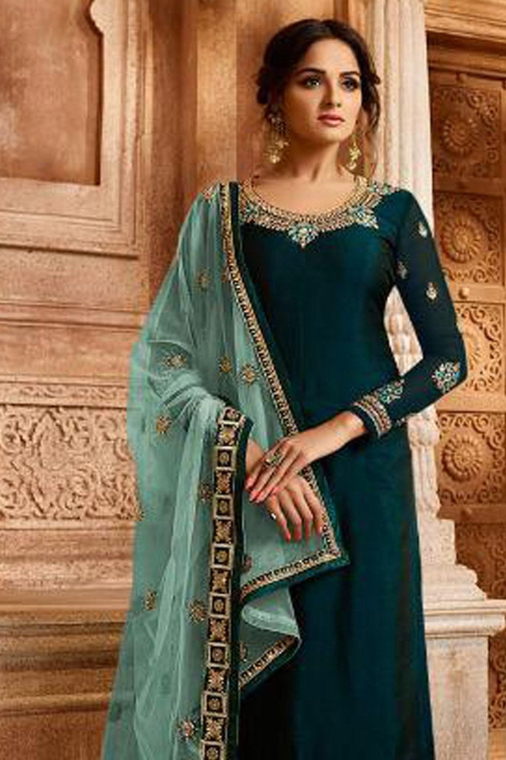 Teal Pakistani Satin Georgette Salwar Kameez For Wedding Festival Embroidery Work - close-up view