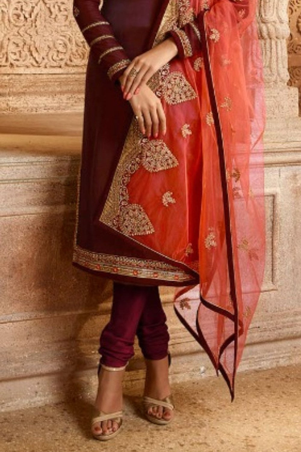Wine Pakistani Satin Georgette Salwar Kameez For Wedding Festival Embroidery Work - hem and footwear detail