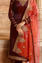 Wine Pakistani Satin Georgette Salwar Kameez For Wedding Festival Embroidery Work - detail view