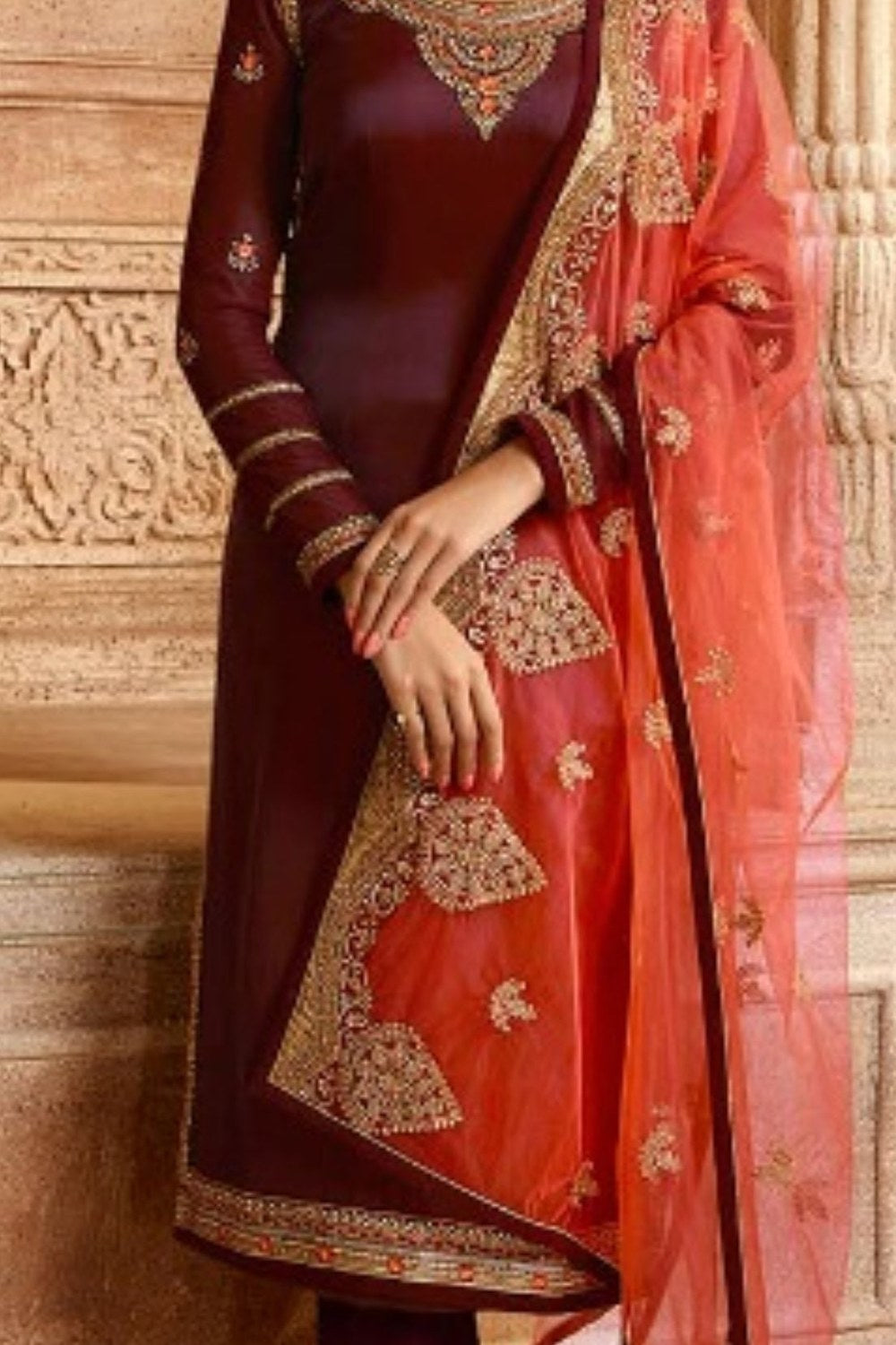 Wine Pakistani Satin Georgette Salwar Kameez For Wedding Festival Embroidery Work - detail view