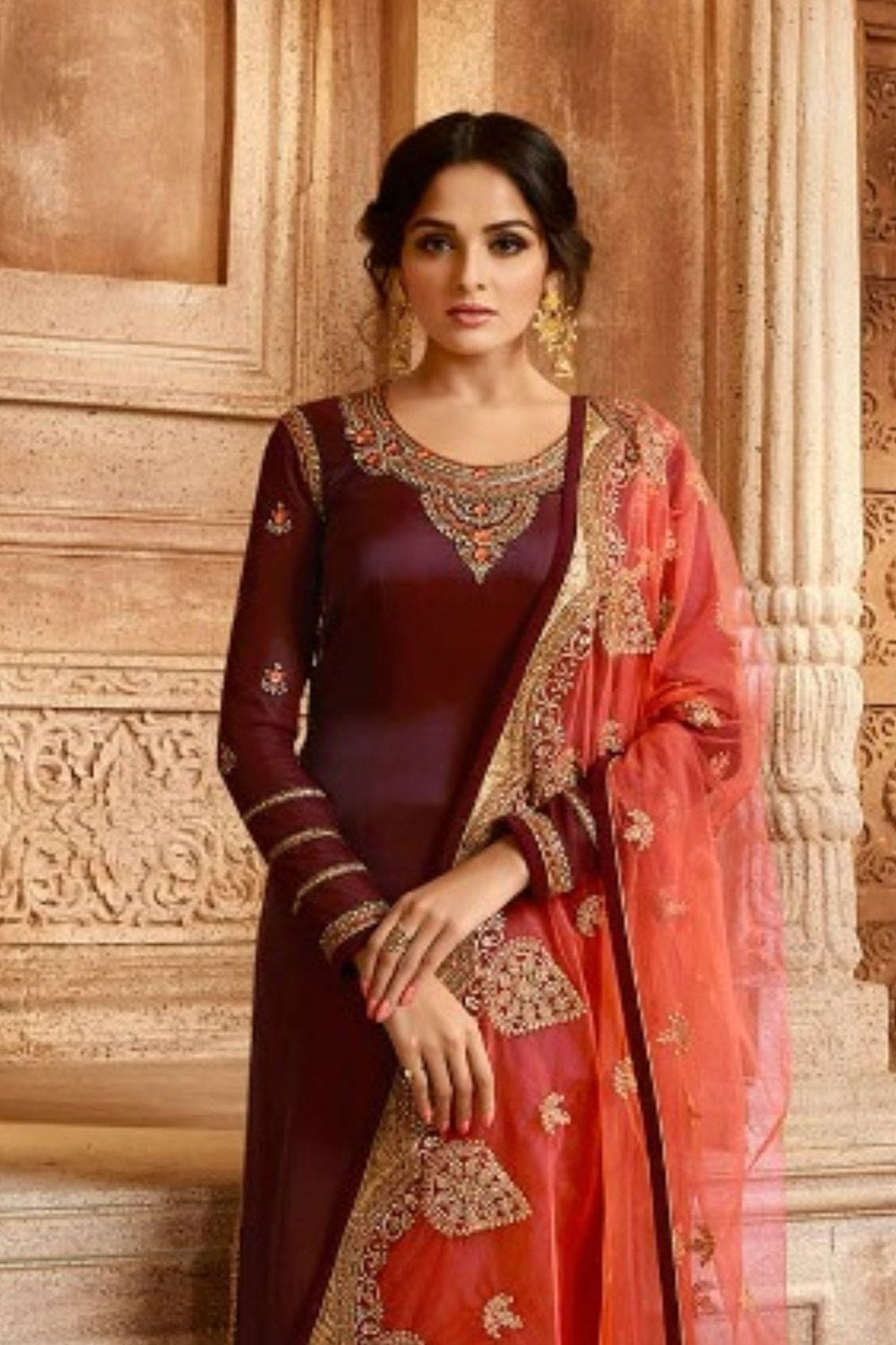 Wine Pakistani Satin Georgette Salwar Kameez For Wedding Festival Embroidery Work - close-up view