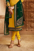 Yellow Pakistani Satin Georgette Salwar Kameez For Wedding Festival Embroidery Work - hem and footwear detail