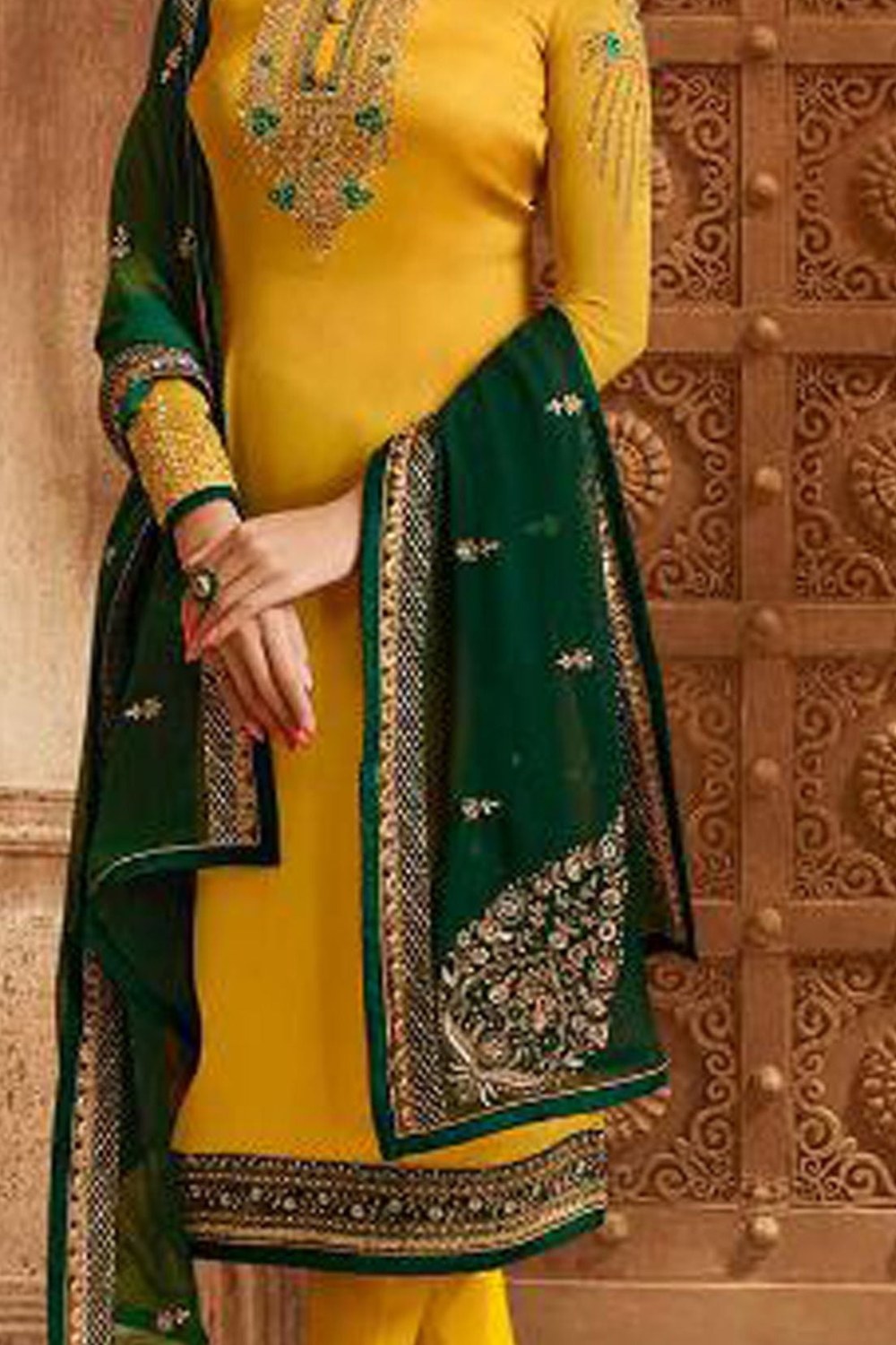 Yellow Pakistani Satin Georgette Salwar Kameez For Wedding Festival Embroidery Work - detail view