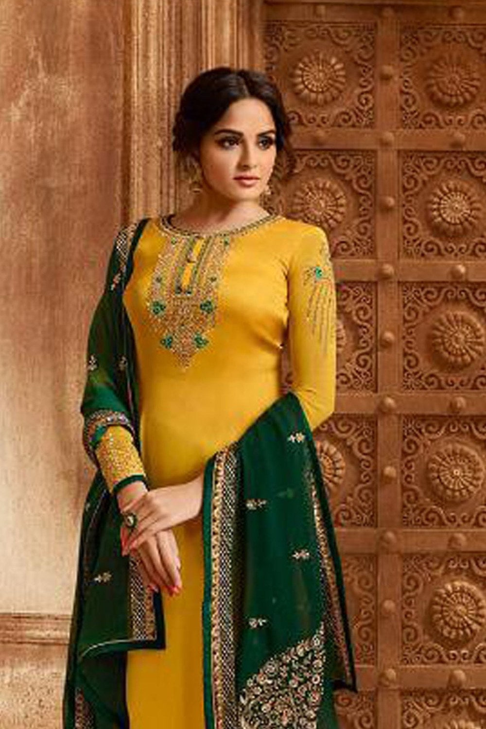Yellow Pakistani Satin Georgette Salwar Kameez For Wedding Festival Embroidery Work - close-up view