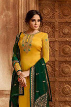 Yellow Pakistani Satin Georgette Salwar Kameez For Wedding Festival Embroidery Work - close-up view