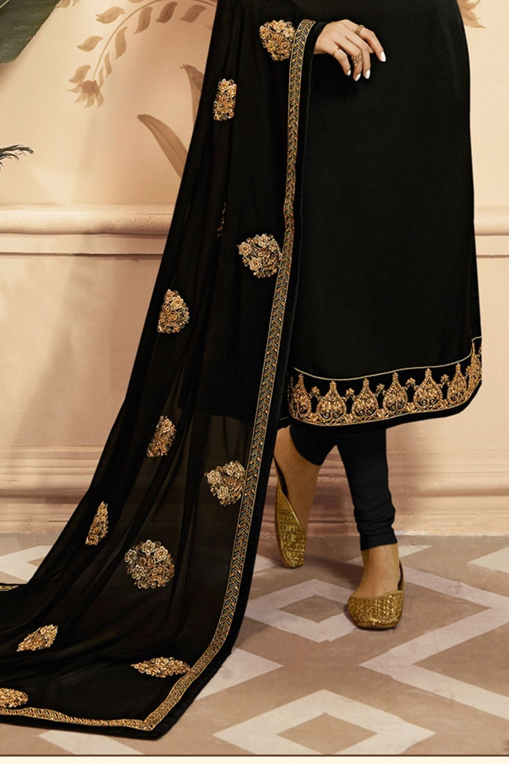 Black Satin Georgette Salwar Kameez Suits with Churidar for Indian Wedding Outfits Embroidery Work - hem and footwear detail
