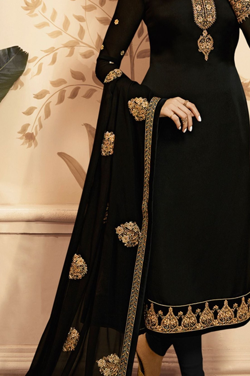 Black Satin Georgette Salwar Kameez Suits with Churidar for Indian Wedding Outfits Embroidery Work - detail view