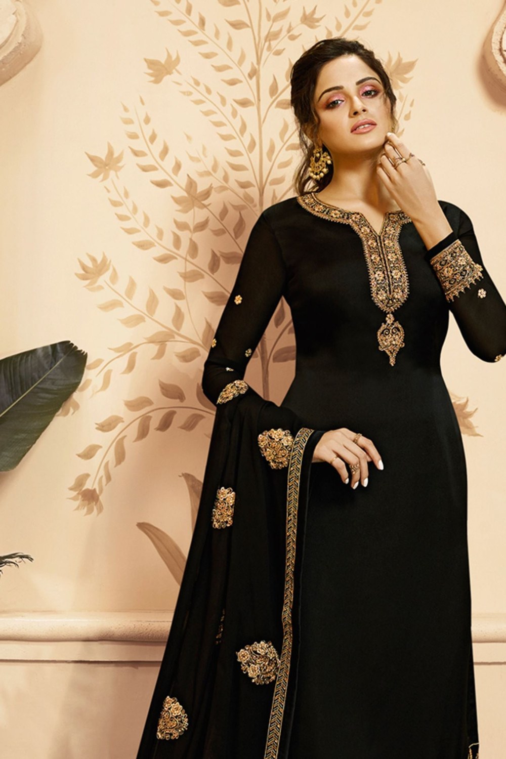 Black Satin Georgette Salwar Kameez Suits with Churidar for Indian Wedding Outfits Embroidery Work - close-up view