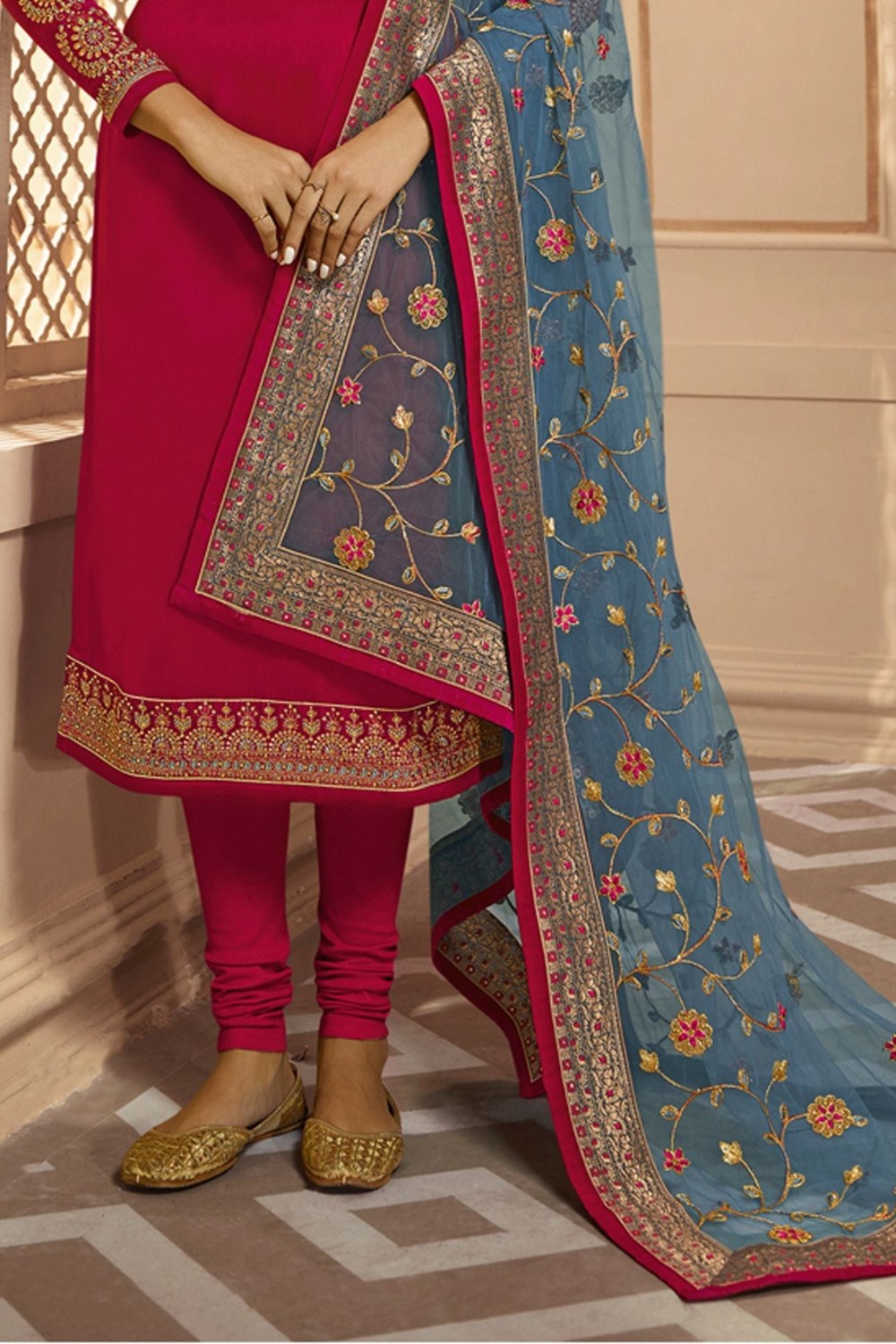 Pink Pakistani Satin Georgette Salwar Kameez For Wedding Festival Embroidery Work - hem and footwear detail