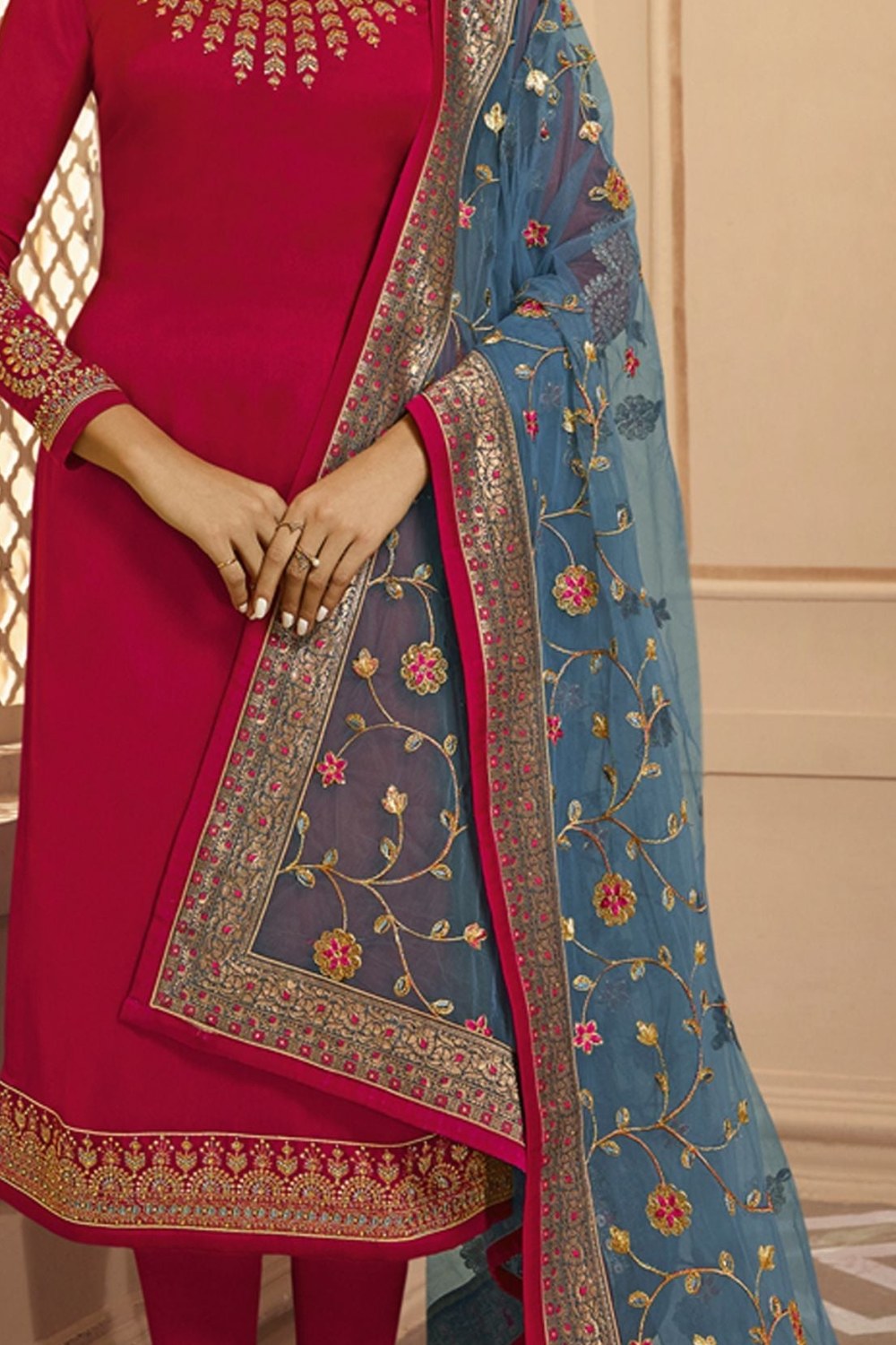 Pink Pakistani Satin Georgette Salwar Kameez For Wedding Festival Embroidery Work - detail view
