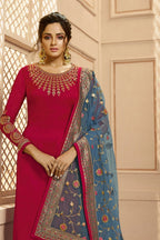 Pink Pakistani Satin Georgette Salwar Kameez For Wedding Festival Embroidery Work - close-up view