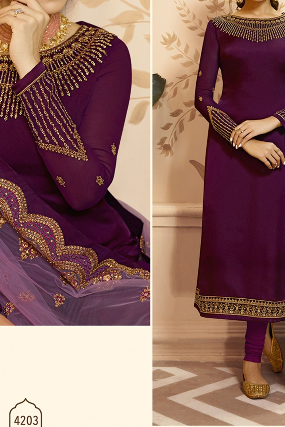Purple Pakistani Satin Georgette Salwar Kameez For Wedding Festival Embroidery Work - hem and footwear detail
