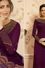 Purple Pakistani Satin Georgette Salwar Kameez For Wedding Festival Embroidery Work - detail view