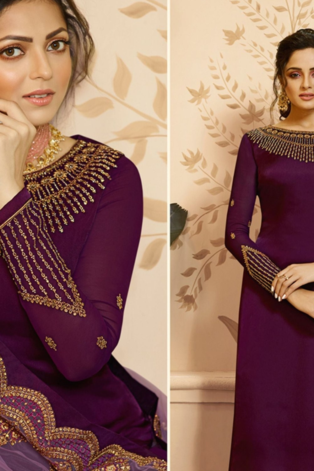 Purple Pakistani Satin Georgette Salwar Kameez For Wedding Festival Embroidery Work - detail view