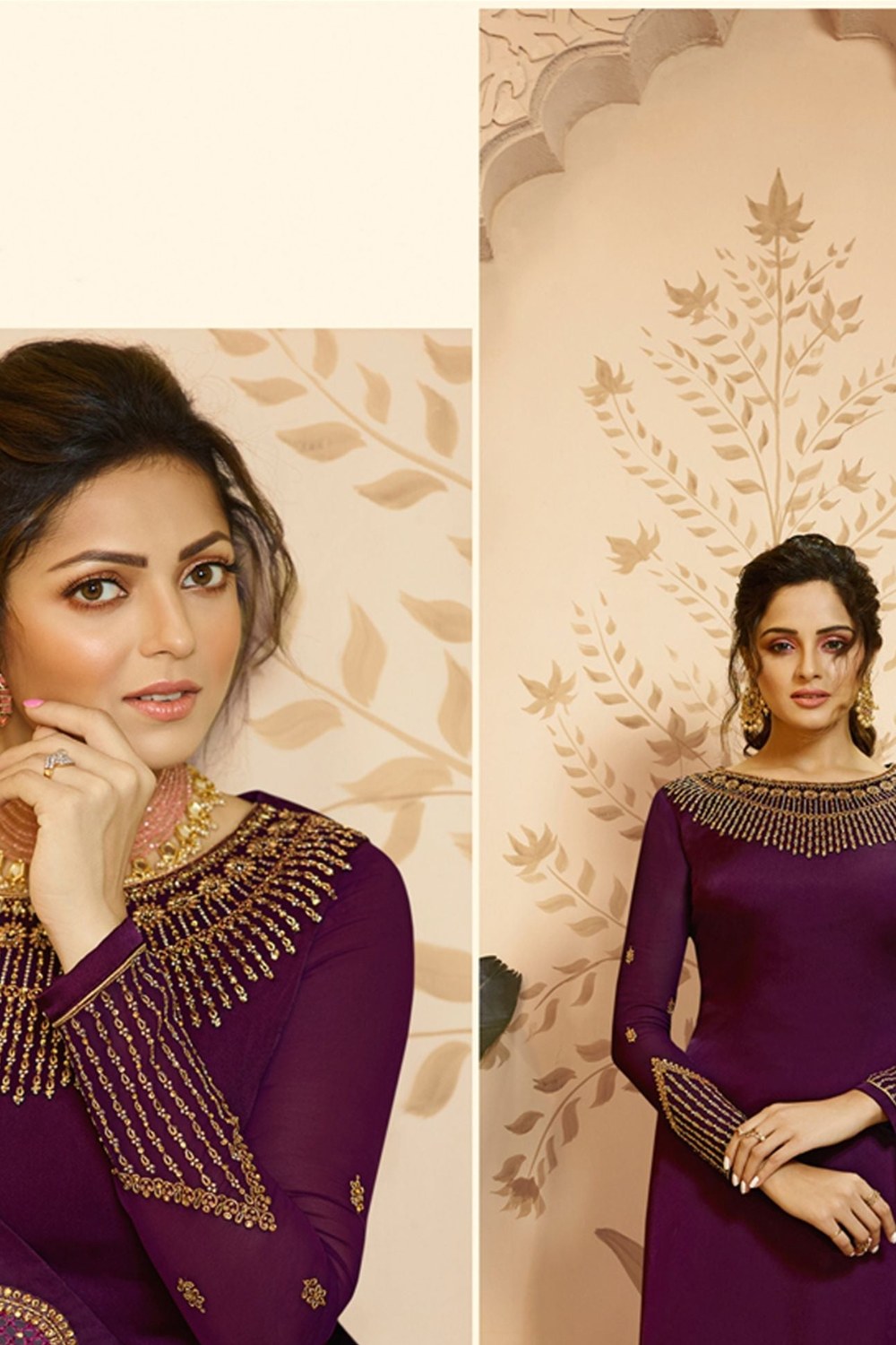 Purple Pakistani Satin Georgette Salwar Kameez For Wedding Festival Embroidery Work - close-up view