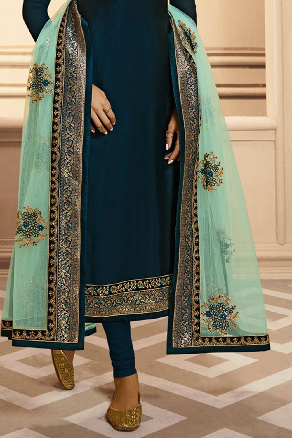 Teal Pakistani Satin Georgette Salwar Kameez For Wedding Festival Embroidery Work - hem and footwear detail