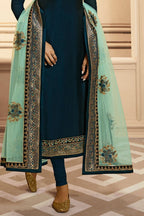 Teal Pakistani Satin Georgette Salwar Kameez For Wedding Festival Embroidery Work - hem and footwear detail