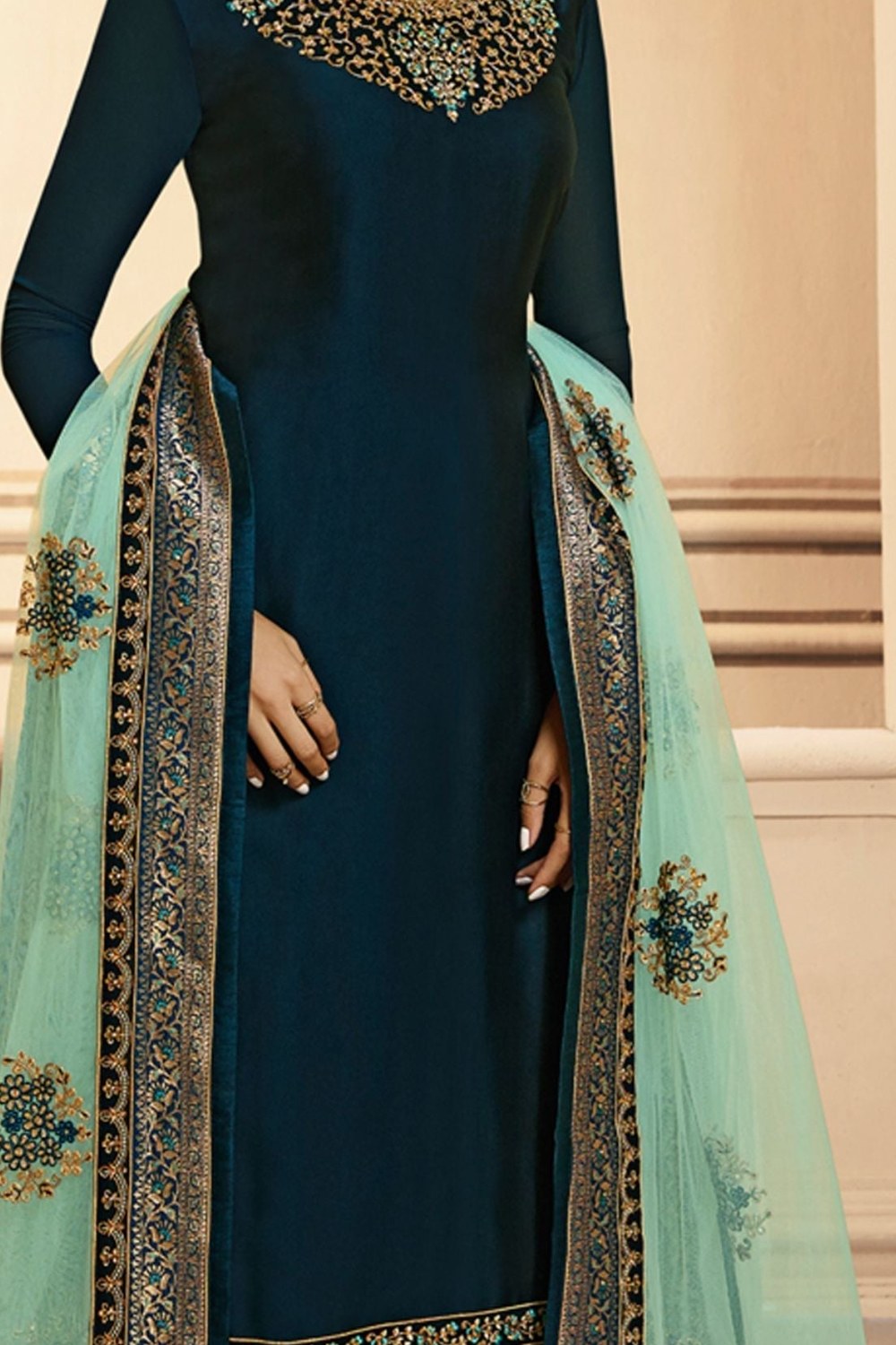 Teal Pakistani Satin Georgette Salwar Kameez For Wedding Festival Embroidery Work - detail view