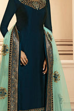 Teal Pakistani Satin Georgette Salwar Kameez For Wedding Festival Embroidery Work - detail view