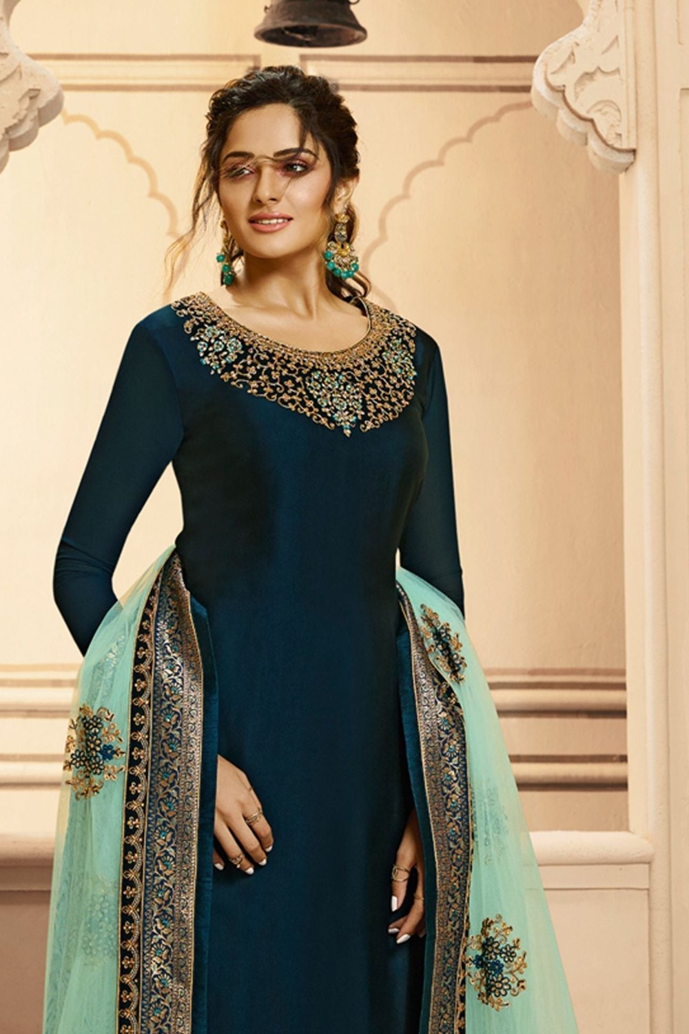 Teal Pakistani Satin Georgette Salwar Kameez For Wedding Festival Embroidery Work - close-up view