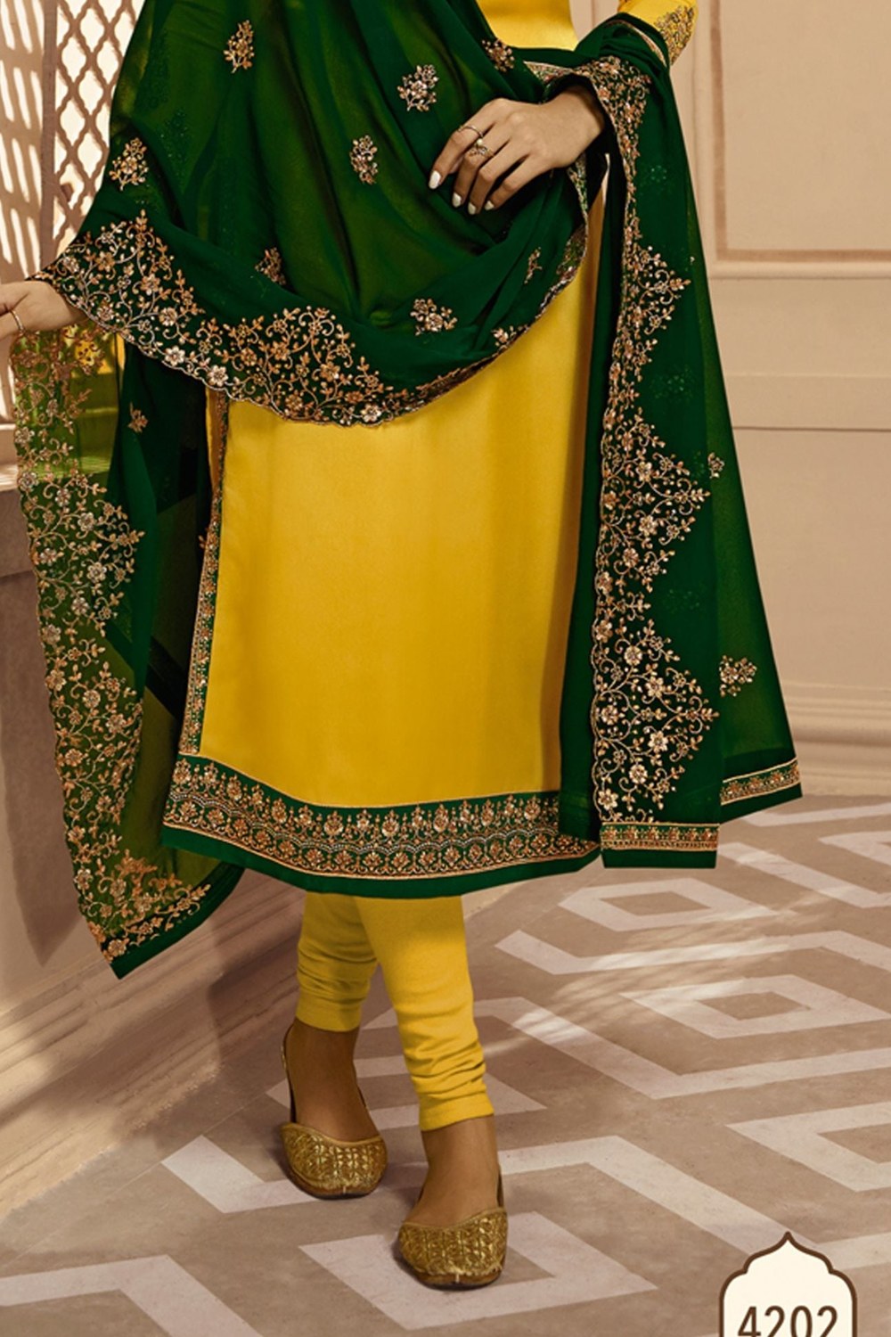 Yellow Pakistani Satin Georgette Salwar Kameez For Wedding Festival Embroidery Work - hem and footwear detail
