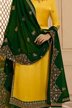 Yellow Pakistani Satin Georgette Salwar Kameez For Wedding Festival Embroidery Work - detail view