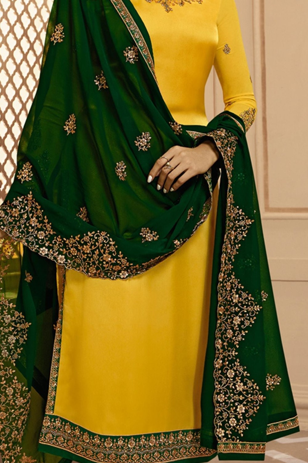 Yellow Pakistani Satin Georgette Salwar Kameez For Wedding Festival Embroidery Work - detail view